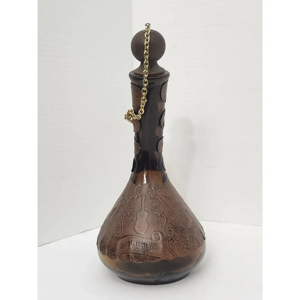 Vintage Spanish Porron Leather Wrapped Amber Glass Decanter Flask Set